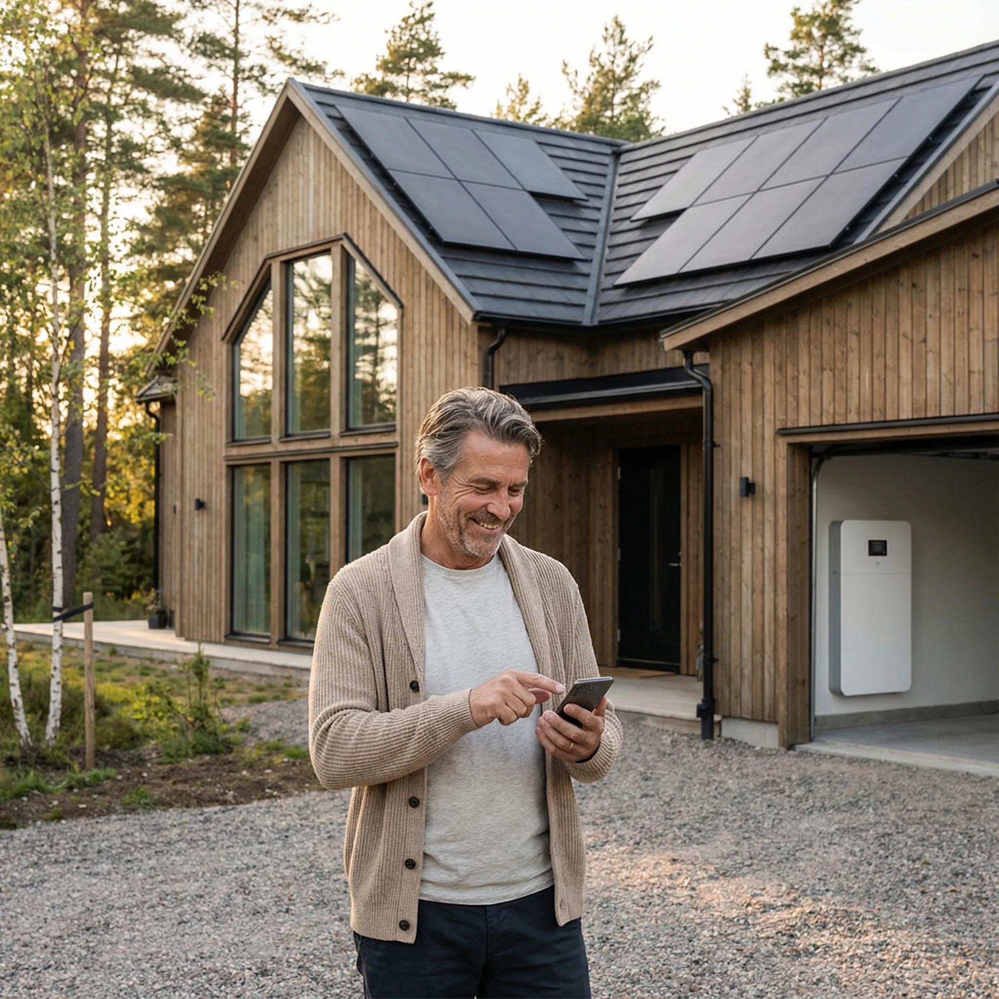Familj framför villa med solceller